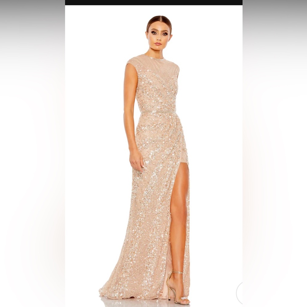 Mac Duggal embellished illusion high neck cap sleeve gown. Nude color. Size 6.